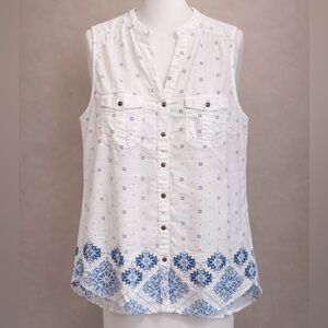 L.O.G.G. Label Of Graded Goods White & Blue Floral Sleeveless Button-Front Tank